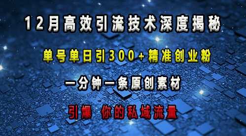 最新高效引流技术深度揭秘 ，单号单日引300+精准创业粉，一分钟一条原创素材，引爆你的私域流量-百盟网