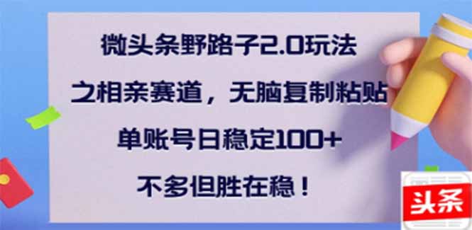 微头条野路子2.0玩法之相亲赛道，无脑搬砖复制粘贴，单账号日稳定300+…-百盟网