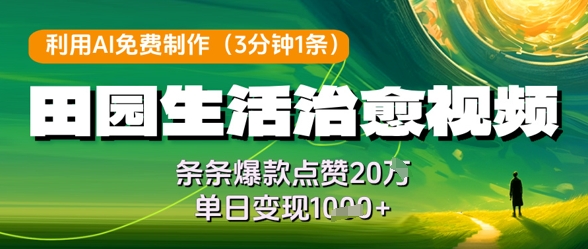 利用AI免费制作田园生活治愈视频，条条爆款点赞20W，单日变现几张-优创网