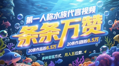 第一人称水族代言视频，条条万赞，20条作品涨粉7.8W，多种变现方式月入五位数-百盟网