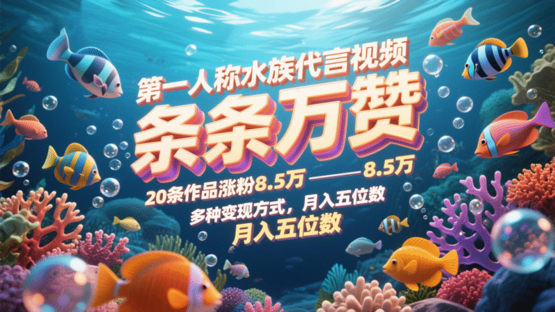 第一人称水族代言视频，条条万赞，20条作品涨粉8.5万，多种变现方式月，入五位数-百盟网