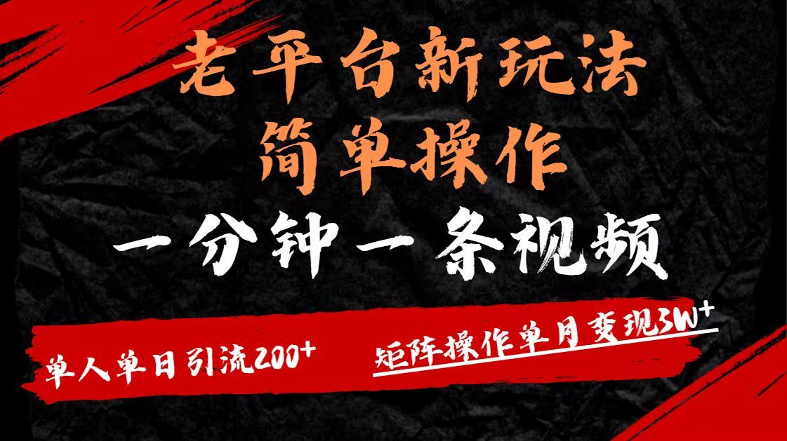 老平台，新玩法，简单操作，一分钟一条视频，单人单人引流200+矩阵操作，单月变现3W-百盟网