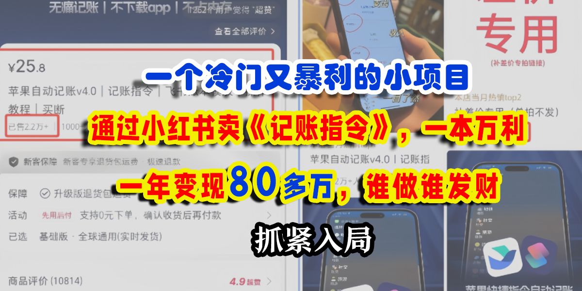 一个冷门又暴利的小项目，通过小红书卖《记账指令》，一本万利，一年变现80多万，谁做谁发财-百盟网