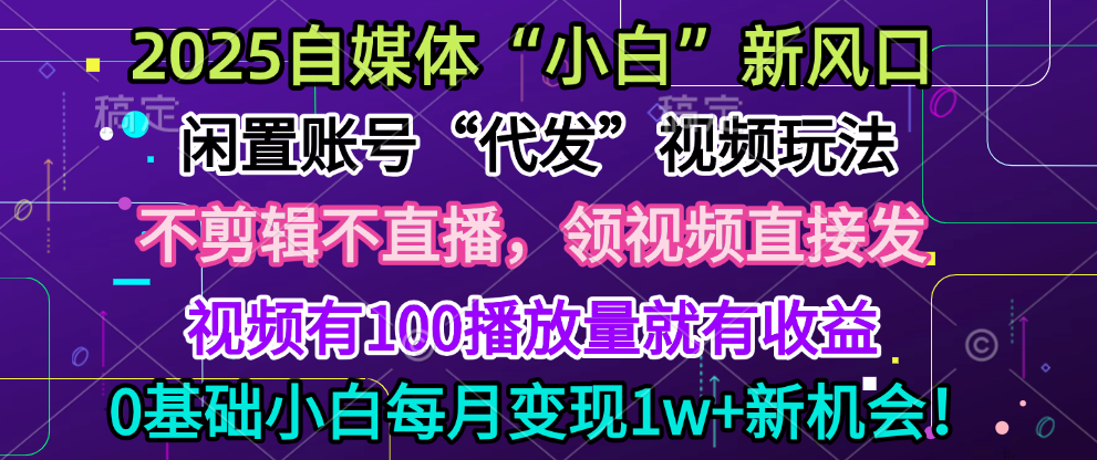 2025每月躺赚5w+新机会，闲置视频账号一键代发玩法，0粉不实名不剪辑，领了视频直接发，0基础小白也能日入300+-百盟网