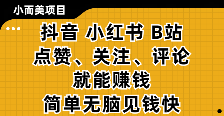 小而美的项目，抖音、小红书、B站视频点赞、关注、评论就能赚钱，简单无脑立见收益！妥妥的零撸项目-百盟网