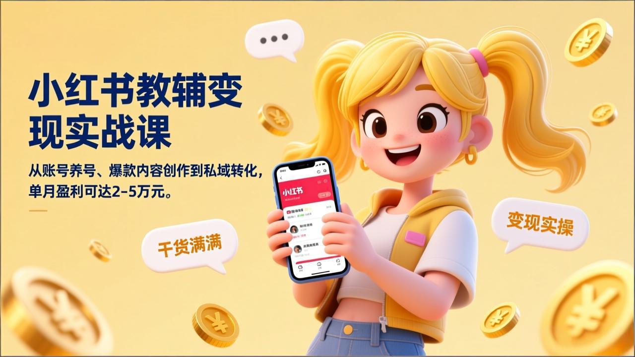小红书教辅变现实战课，从账号养号、爆款内容创作到私域转化，单月盈利可达2-5万元-百盟网
