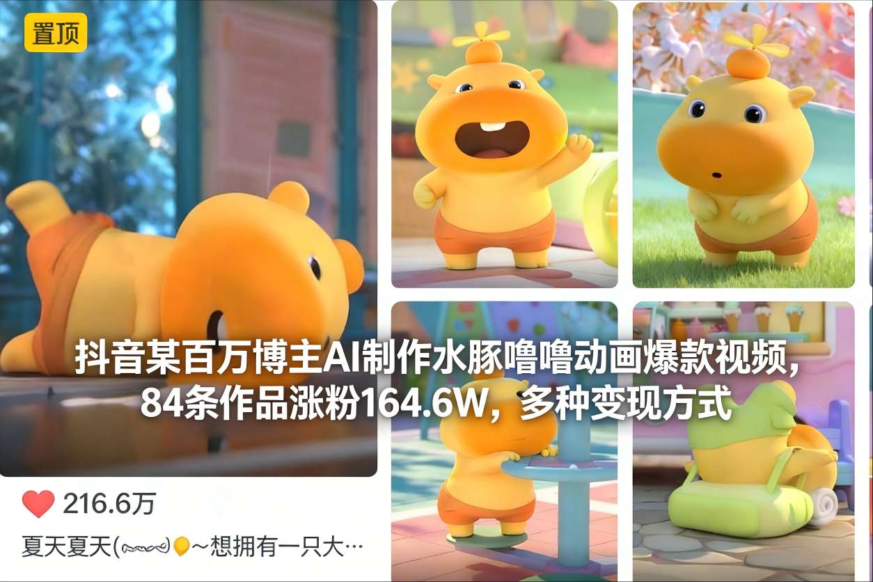 抖音某百万博主AI制作水豚噜噜动画爆款视频，84条作品涨粉164.6W，多种变现方式-百盟网