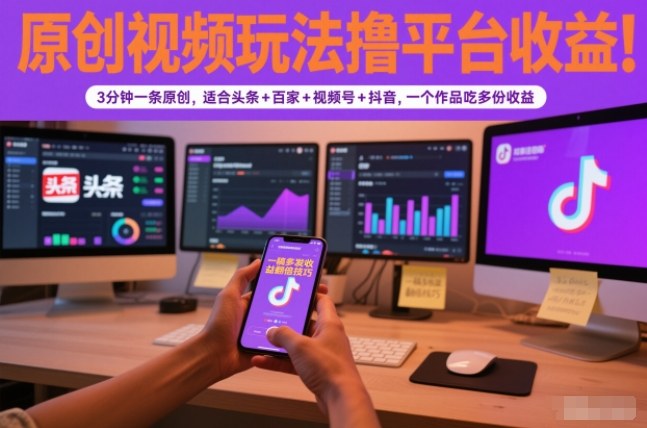 原创视频玩法撸平台收益,3分钟一条原创,适合头条+百家+视频号+抖音,一个作品吃多份收益-百盟网