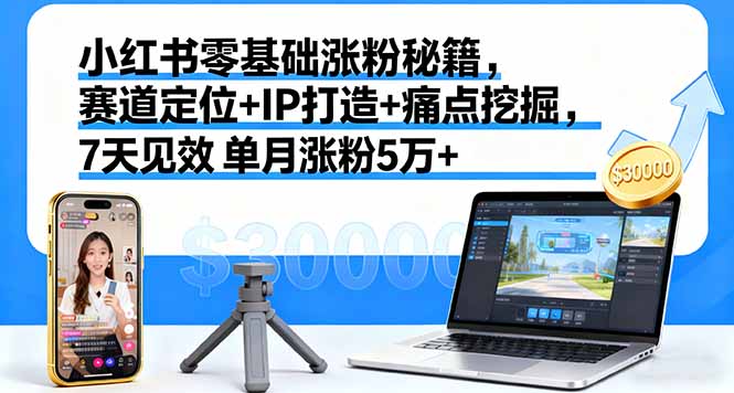 小红书零基础涨粉秘籍，赛道定位+IP打造+痛点挖掘，7天见效 单月涨粉5万+-百盟网