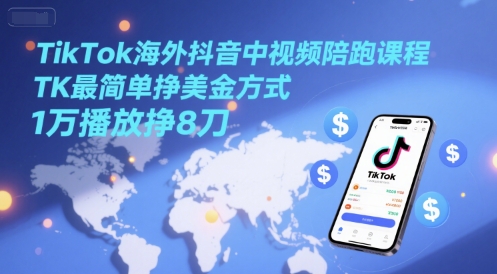 TikTok海外抖音中视频陪跑课程，TK最简单挣美金方式，1万播放挣8刀-百盟网
