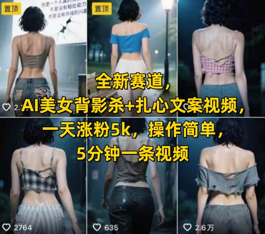 全新赛道，AI美女背影杀+扎心文案视频，一天涨粉5k，操作简单，5分钟一条视频-百盟网