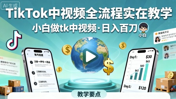 TikTok中视频全流程实操教学，小白做tk中视频，日入百刀-百盟网