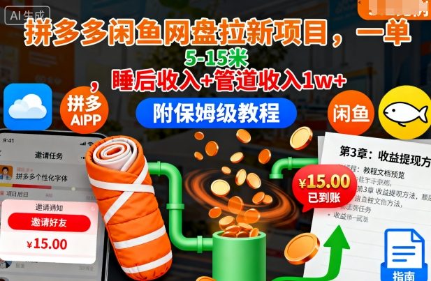 拼多多闲鱼网盘拉新项目，一单5-15米，睡后收入+管道收入1w+(附保姆级教程)-百盟网