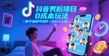 抖音男粉项目0成本玩法，一部手机即可操作，日均4张+，时间自由-百盟网