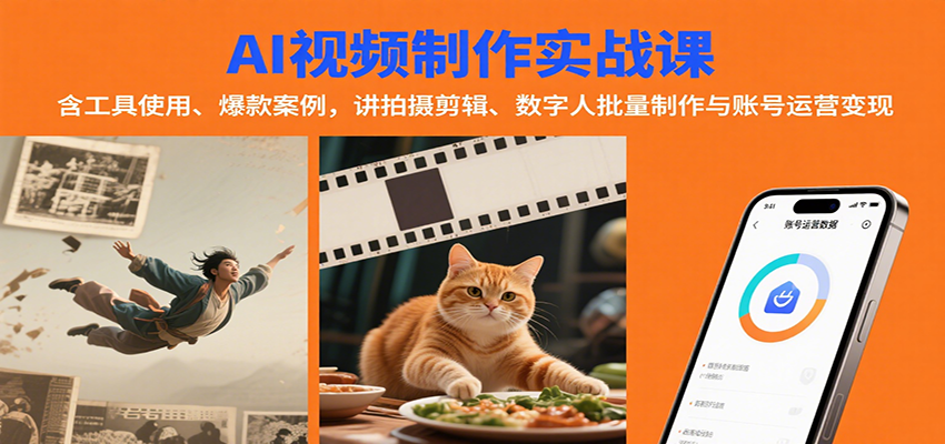 AI视频制作实战：含工具使用、爆款案例，讲拍摄剪辑、数字人批量制作与账号运营变现-百盟网