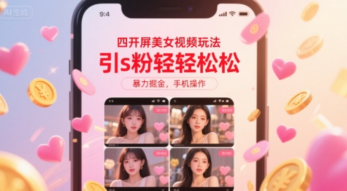 四开屏美女视频玩法，引s粉轻轻松松，暴力掘金，手机操作【揭秘】-项目网