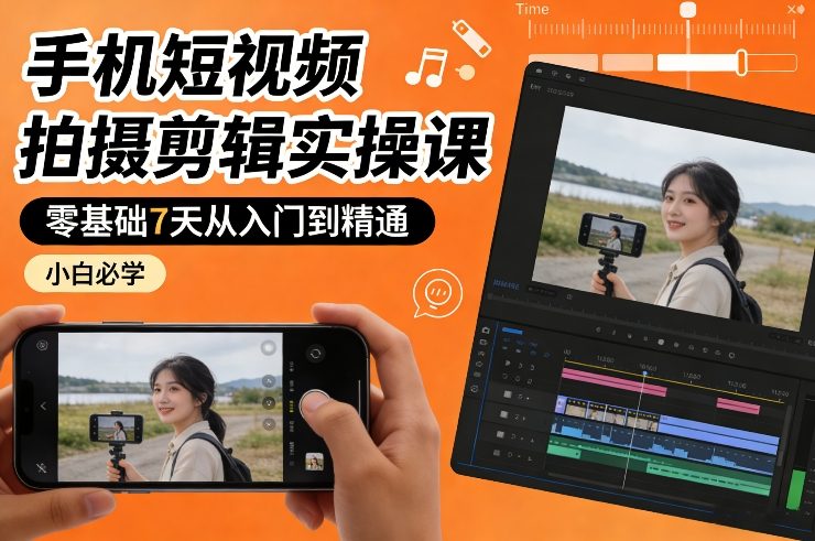 手机短视频拍摄剪辑实操课，零基础7天从入门到精通，小白必学-百盟网