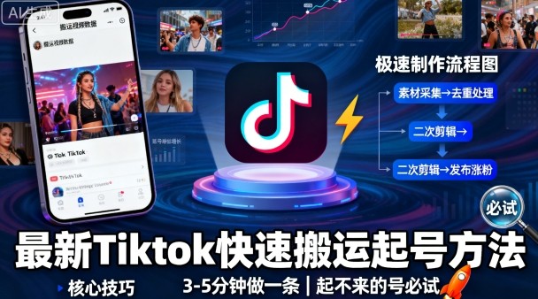 最新Tiktok快速搬运快速起号方法，3-5分钟做一条，起不来的号可以试试-百盟网