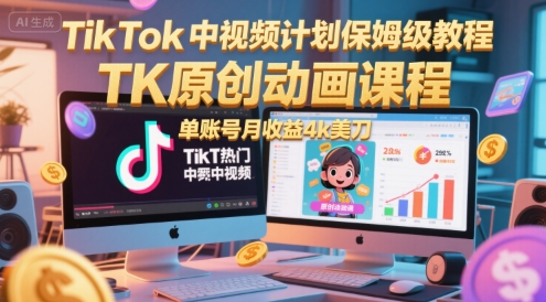 TikTok中视频计划保姆级教程，TK原创动画课程，单账号月收益4k美刀-百盟网