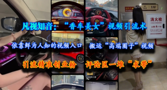 凡视知音：“香车美女”视频引流术，依靠鲜为人知的视频入口，搬运“高端圈子”视频，引流精准创业粉，评论区一堆“求带”-百盟网