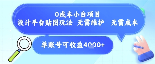 0成本小白项目，设计平台贴图玩法，无需维护，无需成本，单账号单月可产生收益4k+-百盟网
