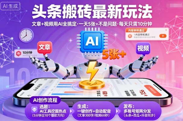 头条搬砖最新玩法，文章+视频用AI全搞定，一天5张+不是问题，每天只需10分钟-百盟网