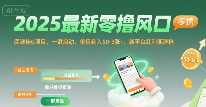 2025最新零撸风口，阅读挂G项目，一键启动，单日躺入 50-3张+，新平台红利期速抢【揭秘】-优创网