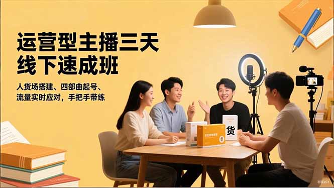 运营型主播三天线下班，人货场搭建,四部曲起号,流量实时应对，手把手带练-百盟网