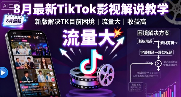 8月最新TikTok影视解说教学，新版解决TK目前困境，流量大，收益高-百盟网