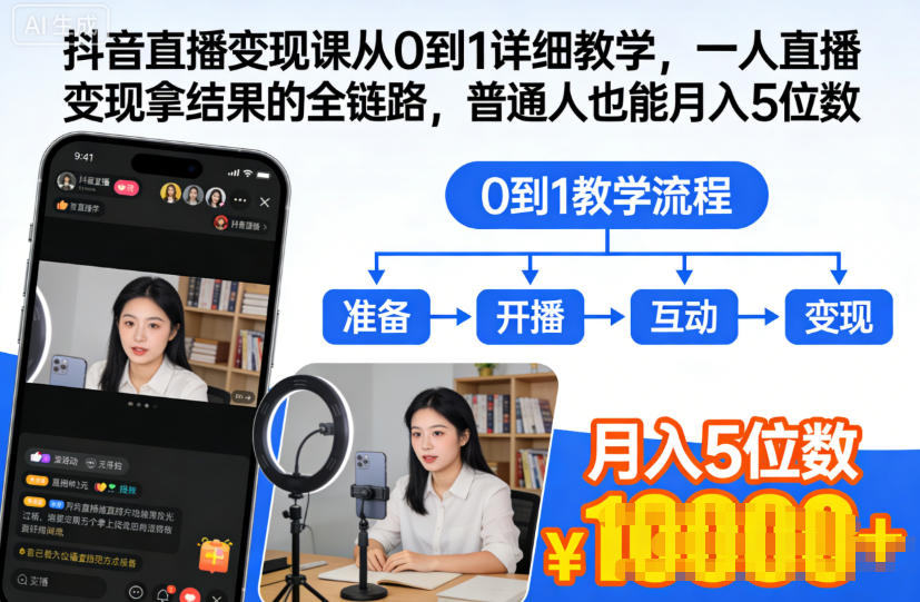 抖音直播变现课从0到1详细教学，一人直播变现拿结果的全链路，普通人也能月入5位数-百盟网