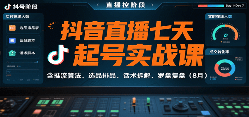 抖音直播七天起号实战课：含推流算法、选品排品、话术拆解、罗盘复盘(8月)-百盟网