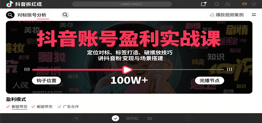 抖音账号盈利实战课，定位对标、标签打造、破播放技巧，讲涨粉变现与场景搭建-百盟网