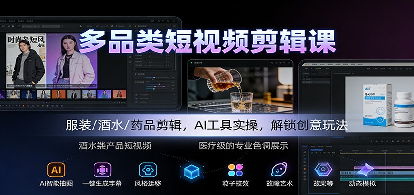 多品类短视频剪辑课：服装/酒水/药品剪辑，AI工具实操，解锁创意玩法-百盟网