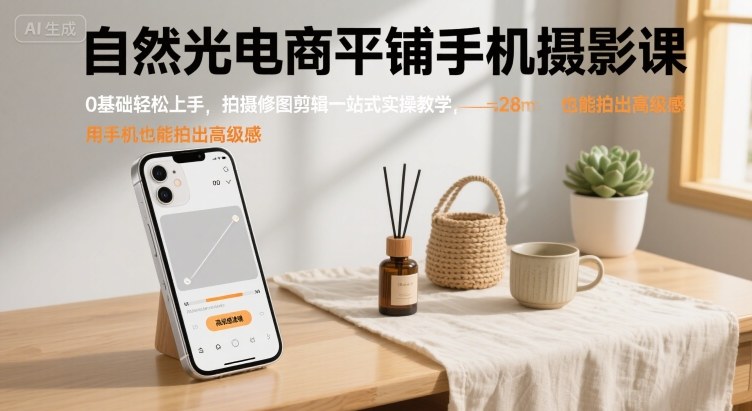 自然光电商平铺手机摄影课，0基础轻松上手，拍摄修图剪辑一站式实操教学，用手机也能拍出高级感-优创网