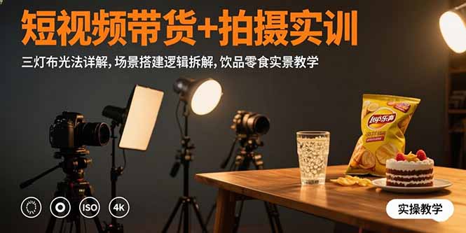 短视频带货+拍摄实训：三灯布光法详解,场景搭建逻辑拆解,饮品零食实景教学-百盟网