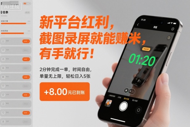 新平台红利,截图录屏就能賺米,有手就行!2分钟完成一单,时间自由,单量无上限,轻松日入5张【揭秘】-百盟网