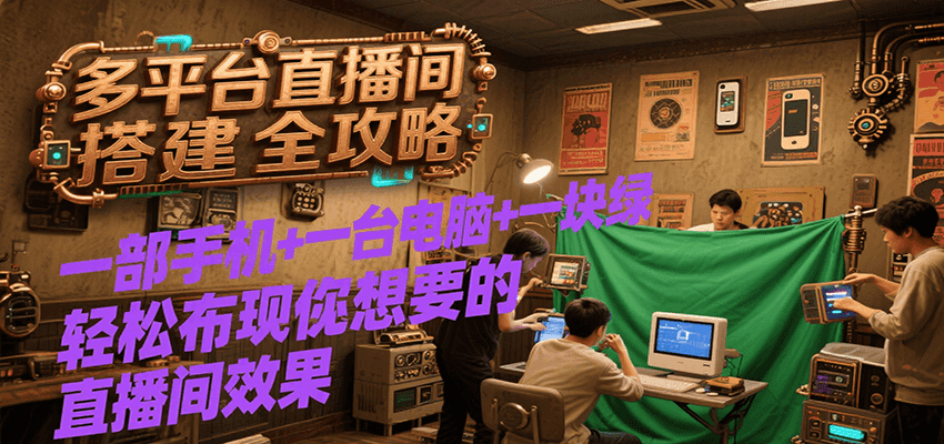 多平台直播间搭建全攻略，一部手机+一台电脑+一块绿布轻松实现你想要的直播间效果-百盟网