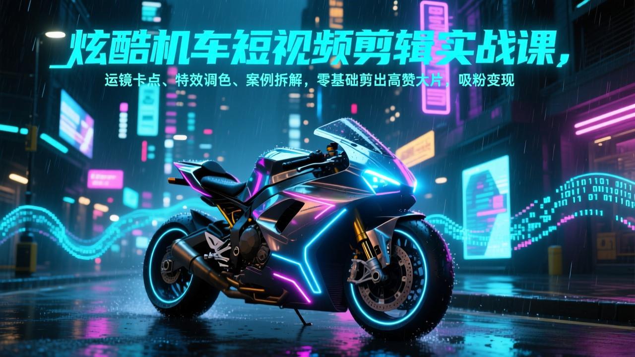 炫酷机车短视频剪辑实战课，运镜卡点、特效调色、案例拆解，零基础剪出高赞大片，吸粉变现-百盟网