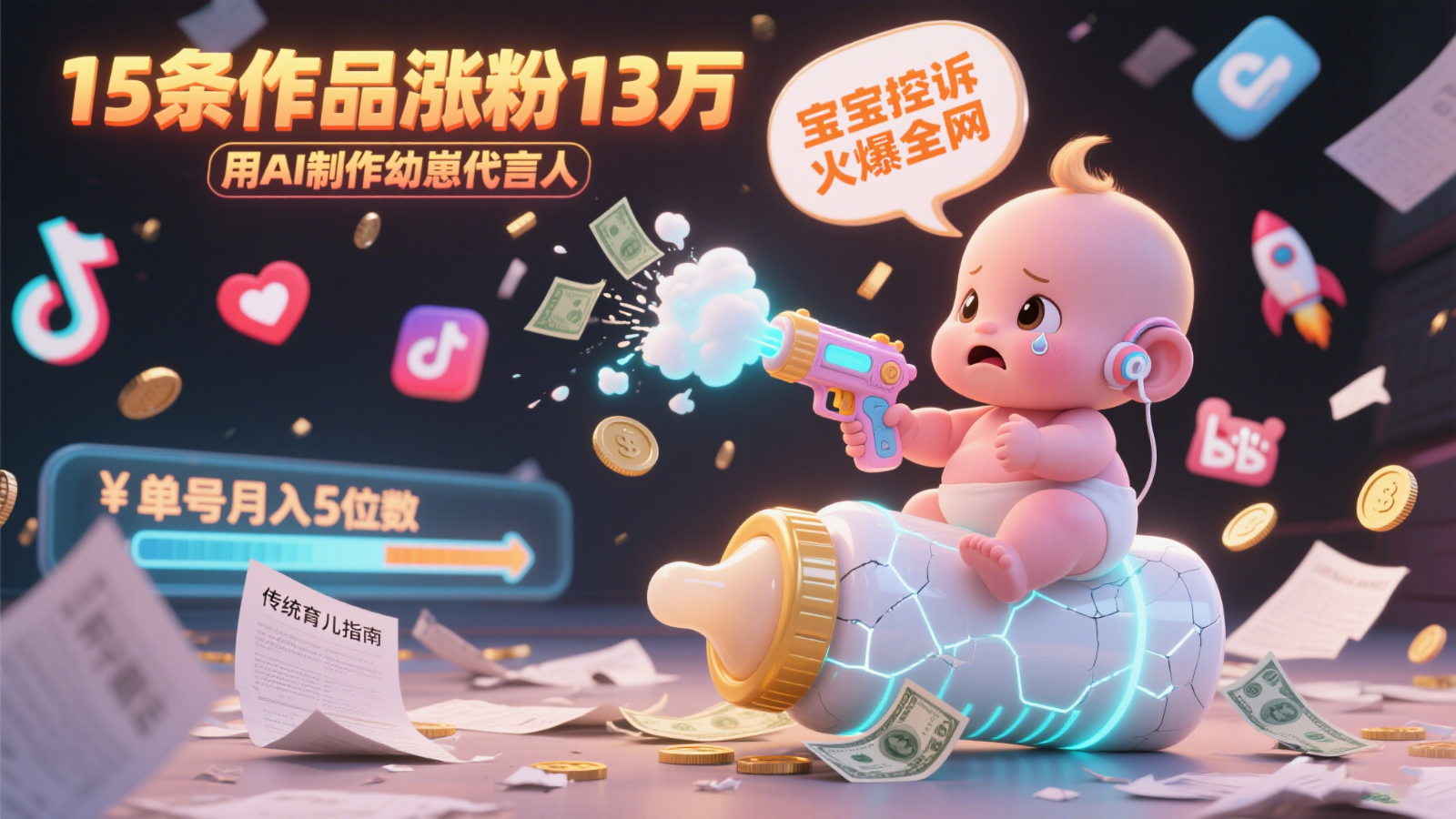用AI制作幼崽代言人，宝宝的控诉火爆全网，15条作品涨粉13万，单号月入5位数实操教程-智宝网创