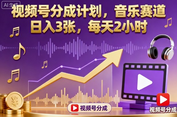 视频号分成计划，音乐赛道，日入3张，每天2小时-百盟网