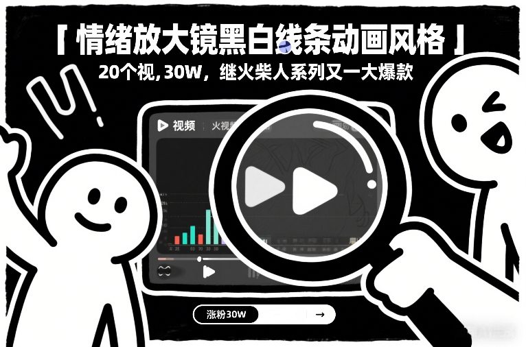 情绪放大镜黑白线条动画风格，20个视频，涨粉30W，继火柴人系列又一大爆款-百盟网
