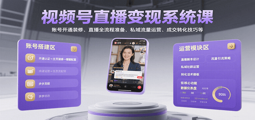 视频号直播变现系统课，账号开通装修、直播全流程准备、私域流量运营、成交转化技巧等-金创谷