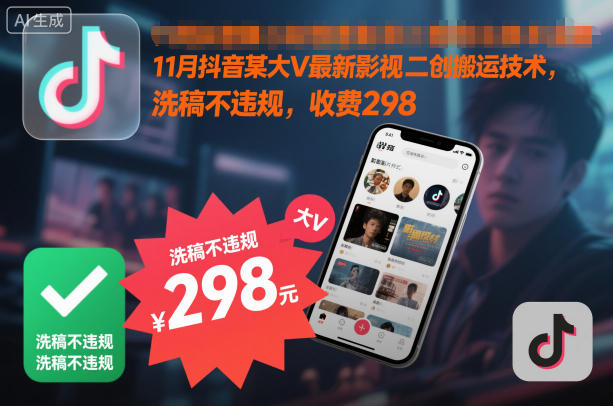 11月抖音某大V最新影视二创搬运技术，洗稿不违规，收费298-百盟网