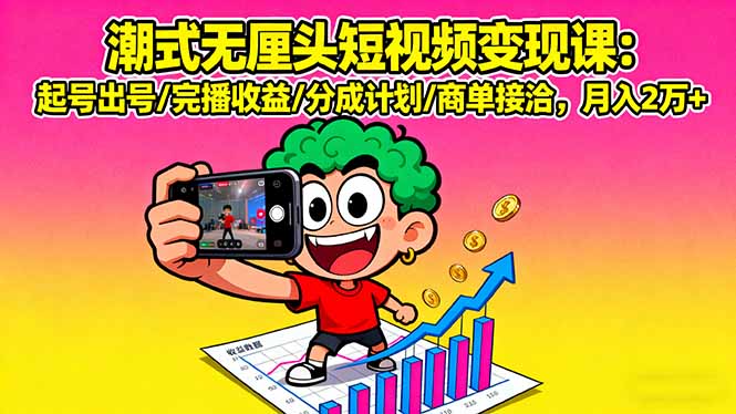潮式无厘头短视频变现课：起号出号/完播收益/分成计划/商单接洽，月入2万+-百盟网