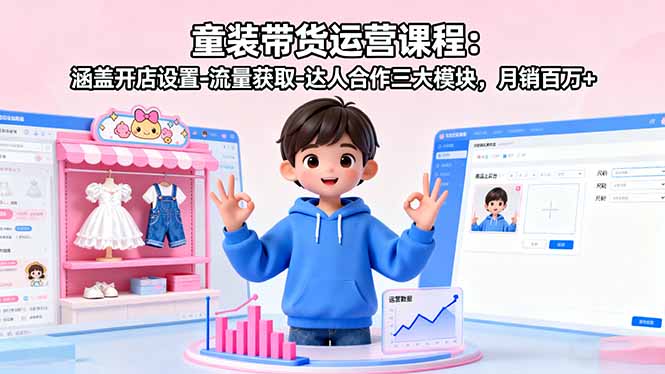 童装带货运营课程：涵盖开店设置-流量获取-达人合作三大模块，月销百万+-百盟网
