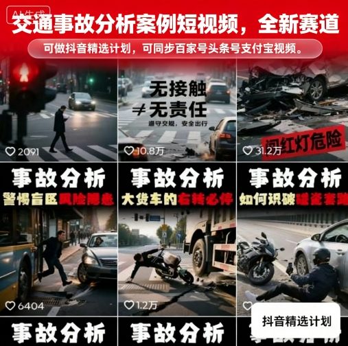 交通事故分析案例短视频，全新赛道，可做抖音精选计划，可同步百家号头条号支付宝视频号平台-百盟网