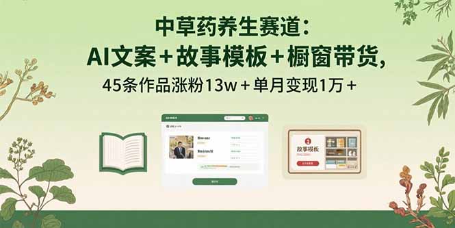 中草药养生赛道：AI文案+故事模板+橱带货，45条作品涨粉13w+单月变现1万+-百盟网