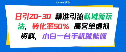 日引 20-30 精准引流私域新玩法，转化率50% 高客单虚拟资料，小白一台手机就能做-项目网