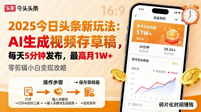 2025年今日头条躺賺新玩法，AI生成视频存草稿，每天5分钟发布，最高月1W+【揭秘】-百盟网