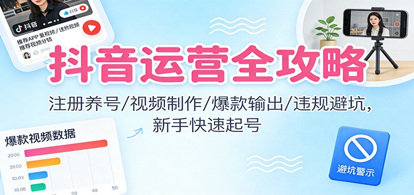 抖音运营全攻略：注册养号/视频制作/爆款输出/违规避坑，新手快速起号-百盟网